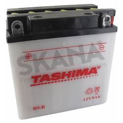 Batterie plomb TASHIMA renforcée 12V, 9A. L: 135, l: 75, H: 139mm, + à gauche. Pour scooter, motos. (livrée avec acide séparé)