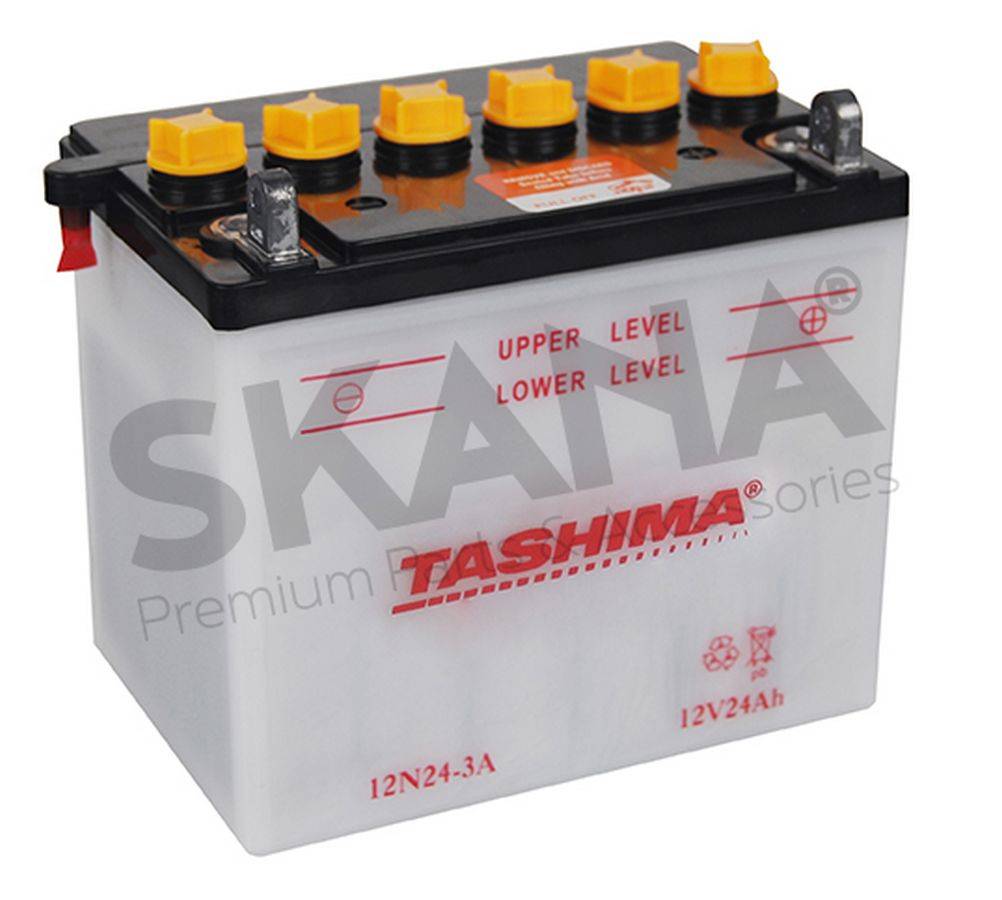 Batterie plomb TASHIMA 12V, 24A . L: 184, l: 124, H:175mm, + à droite pour tondeuse  autoportée, motos. Adaptable HUSQVARNA